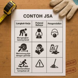 Contoh JSA menunjukkan langkah kerja, potensi bahaya, dan pengendalian dalam format yang mudah dipahami
