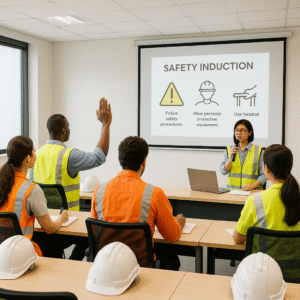 Dibantu oleh AI - Suasana ideal pelaksanaan safety induction - ruang nyaman, penyampaian jelas, dan partisipasi aktif dari peserta